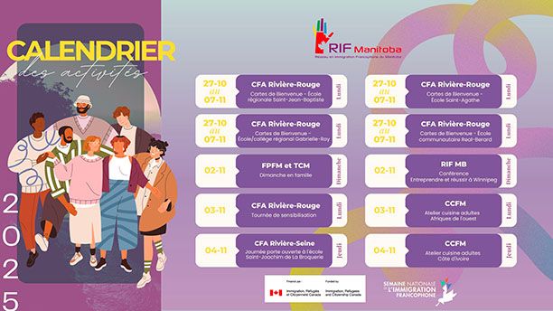 Calendrier des activités au Manitoba pendant la 13e édition de la Semaine nationale de l'immigration francophone avec le RIF Manitoba, Réseau en Immigration Francophone du Manitoba