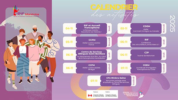 Calendrier des activités au Manitoba pendant la 13e édition de la Semaine nationale de l'immigration francophone avec le RIF Manitoba, Réseau en Immigration Francophone du Manitoba